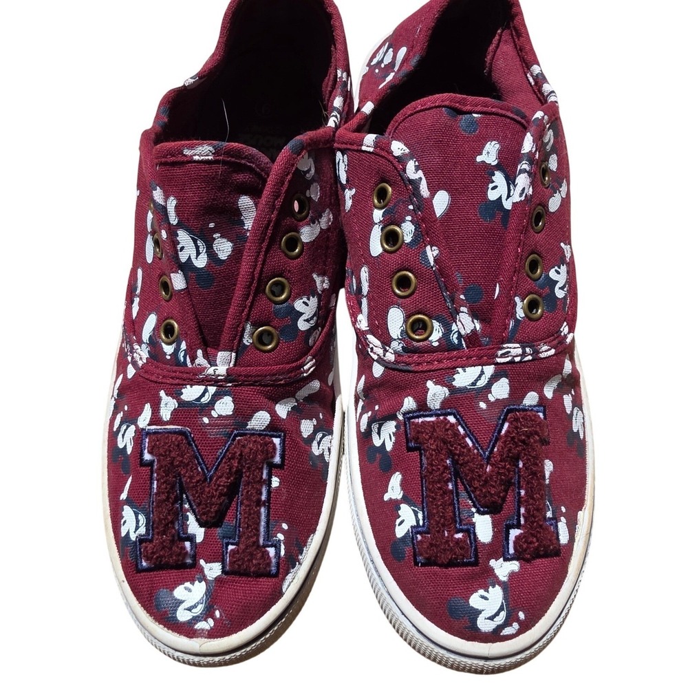 Disney Mickey Mouse Sneakers Womens 9 Burgundy Good Varsity Patch Canvas Slip On